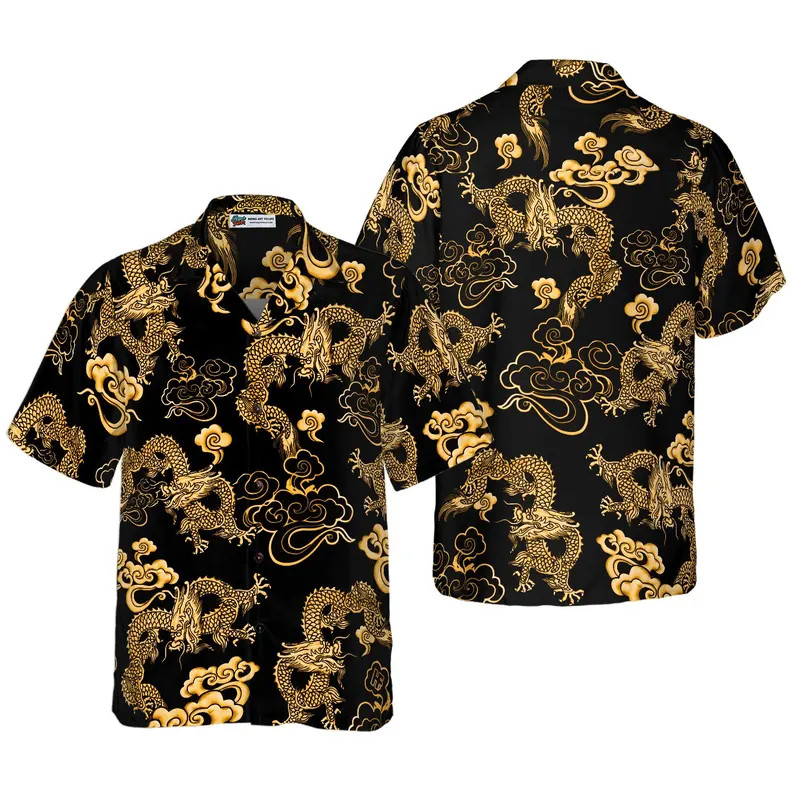 Black Gold Oriental Dragon Hawaii Shirt Mens Aloha Beach Summer Vacation