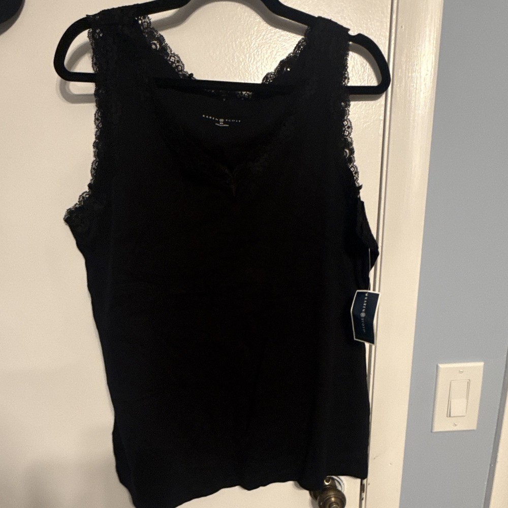 Karen Scott Women's Black Solid Scoop Neck Lace Trim Sleeveless Tank Top XL