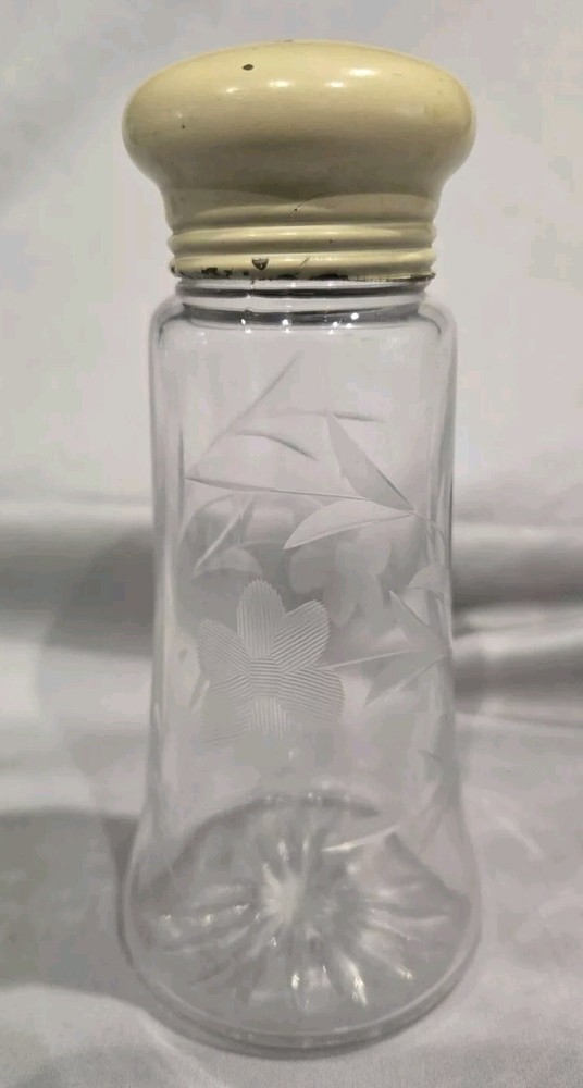 Vintage Floral Etched Glass with Pale Yellow Star embossed lid shaker