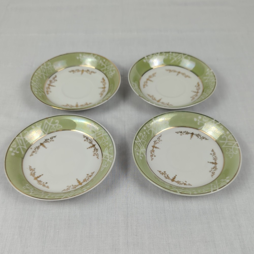 Set of 4 Japanese Tea Cup Saucers Green with Gold & White Accents Japan Lot READ