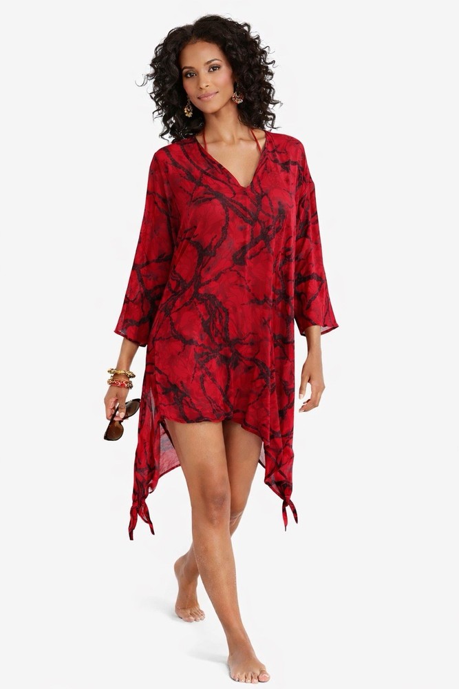 Chicos Size M/L 100% Silk Red Black Tunic Blouse Side Tie Long Sharkbite Hem