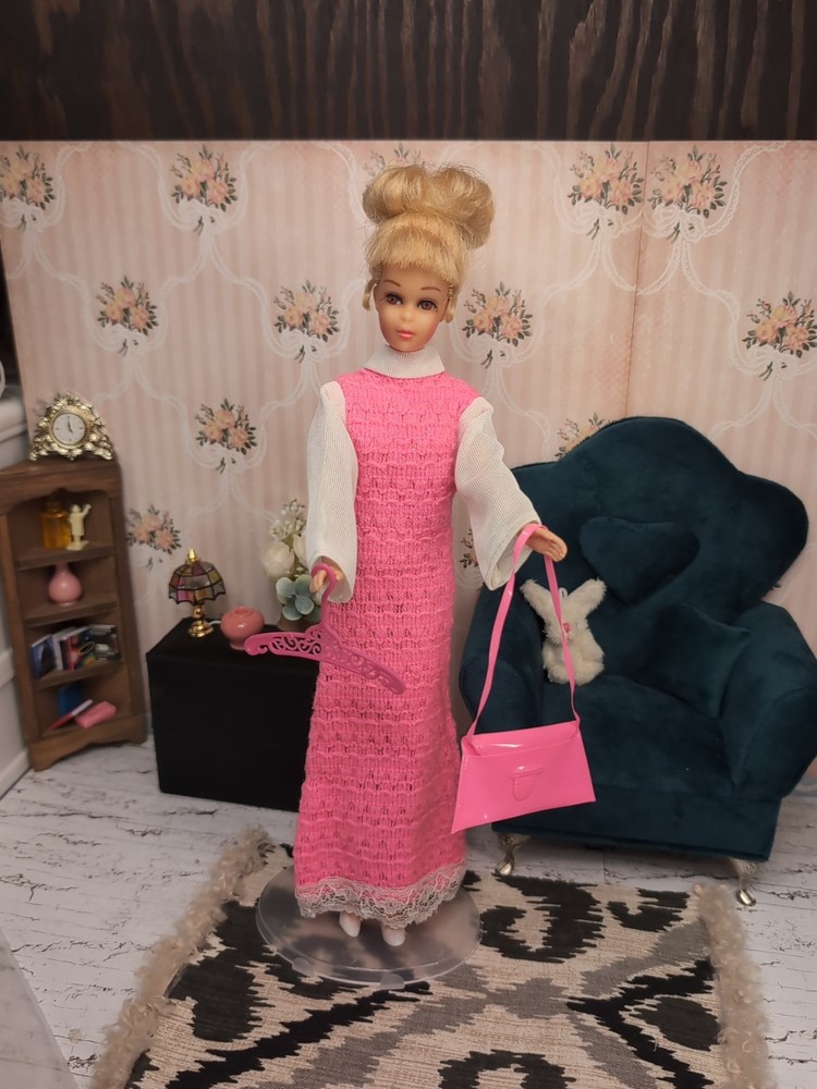 Vintage Barbie / Francie Clone Outfit - Dress, Pink Vinyl Purse, Shoes, Hanger