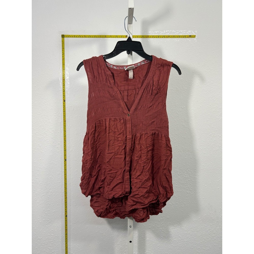 Knox Rose Rust Red Smocked Babydoll Sleeveless V-Neck Boho Blouse Large