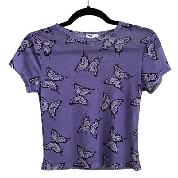 VTG Y2K Purple Butterfly Print Sheer Mesh Crop Top Baby Tee Small Festival Fairy