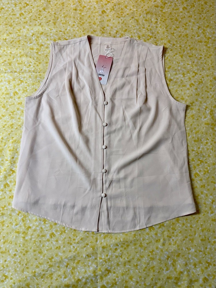 Zelroxa Solid V-Neck Sleeveless Button Front Chiffon Blouse XL Beige