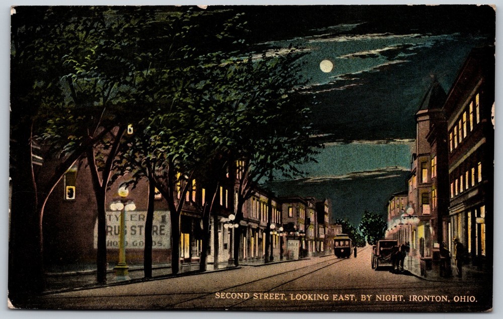 1913 Second Street Night Scene Looking East Ironton Ohio ANTIQUE Postcard