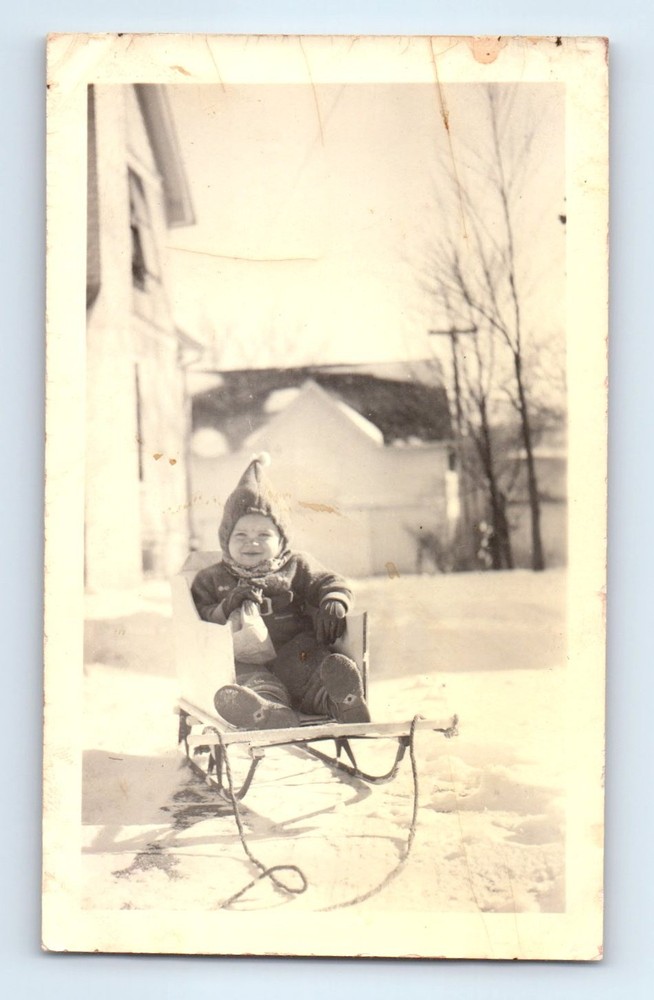 Old Vintage Photo SOLO BOY ON SNOW SLED SLEDDING WINTER SCENE BY HOUSE