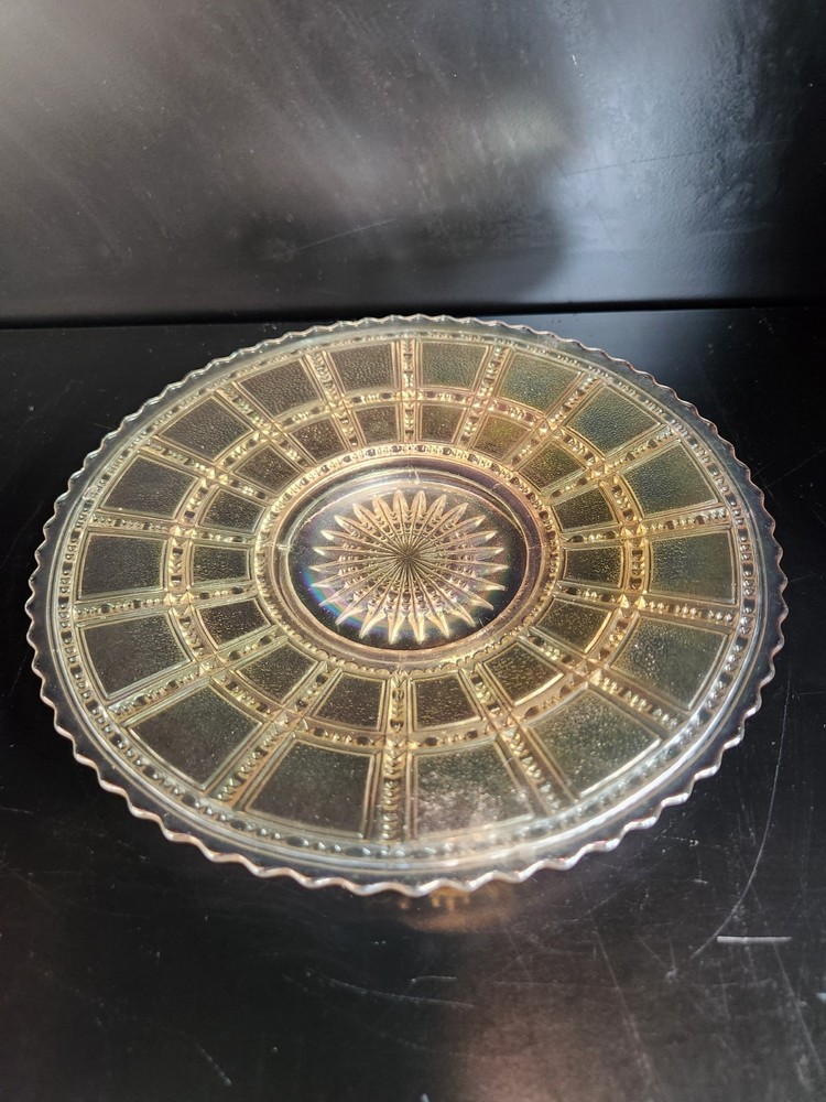 1920s Imperial Clambroth Carnival Glass Plate with Block Pattern