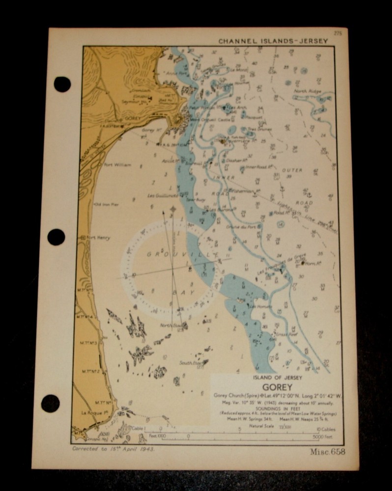 GOREY, JERSEY, Channel Islands - Rare Vintage naval WW2 map 1943