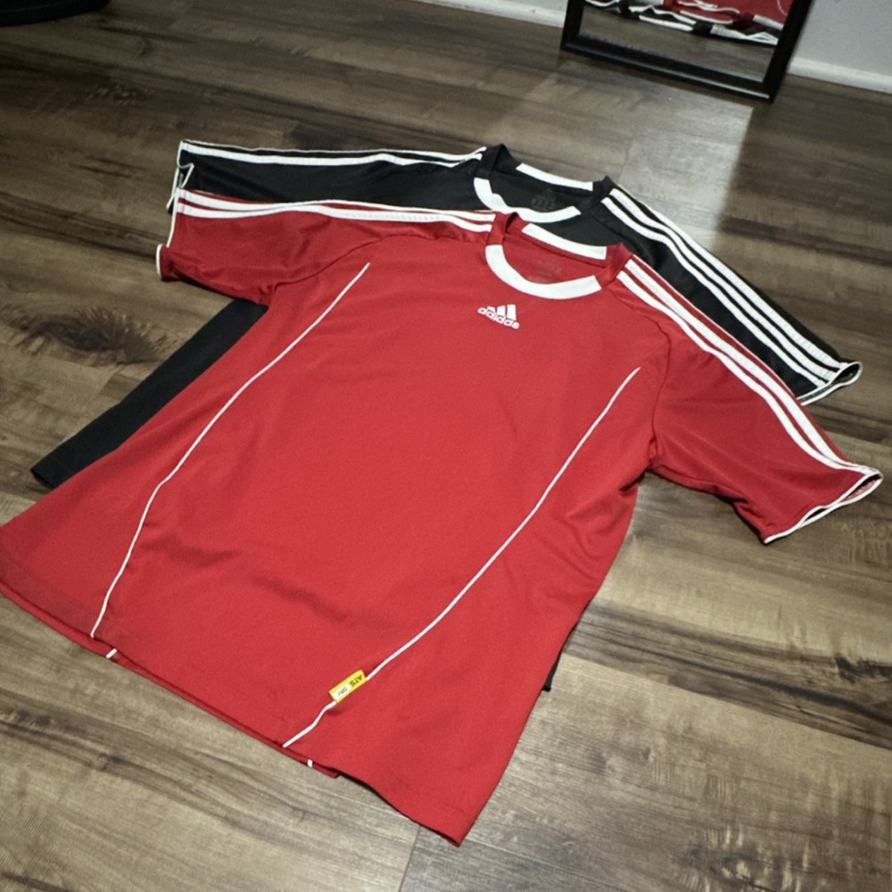 2) ADIDAS Men's Soccer Jersey / Training top Red AND Black Short Sleeve