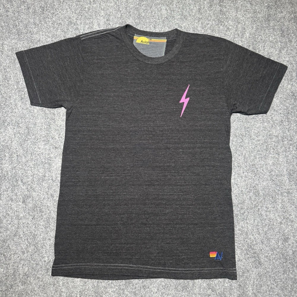 Aviator Nation Vintage Heathered Gray Boyfriend Tee Pink Bolt Lightning Shirt M