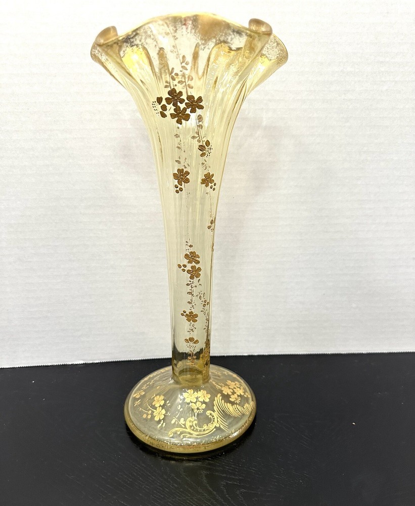 French Leglas Antique Glass Vase Gold Enamel Raised Art Ribbed With Flared Top