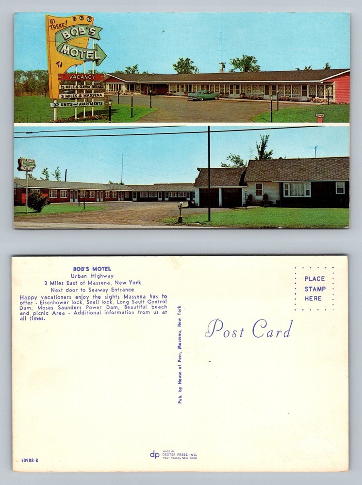 Massena, NY-New York, Bob’s Motel Highway Sign Courtyard View Vintage Postcard