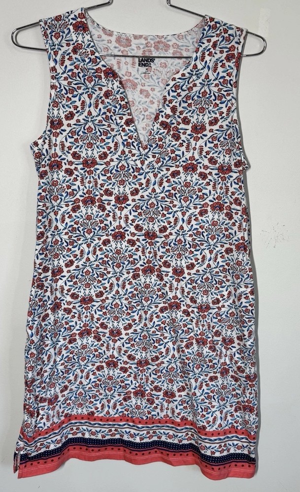 Lands End Casual Sleeveless Split Neck Jersey Midi Dress Blue Tossed Floral Med
