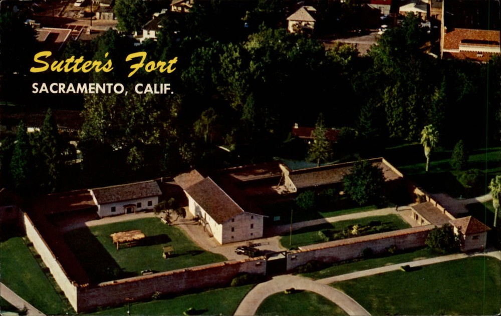 Sutter's Fort Sacramento California aerial view ~ 1950-60s vintage postcard