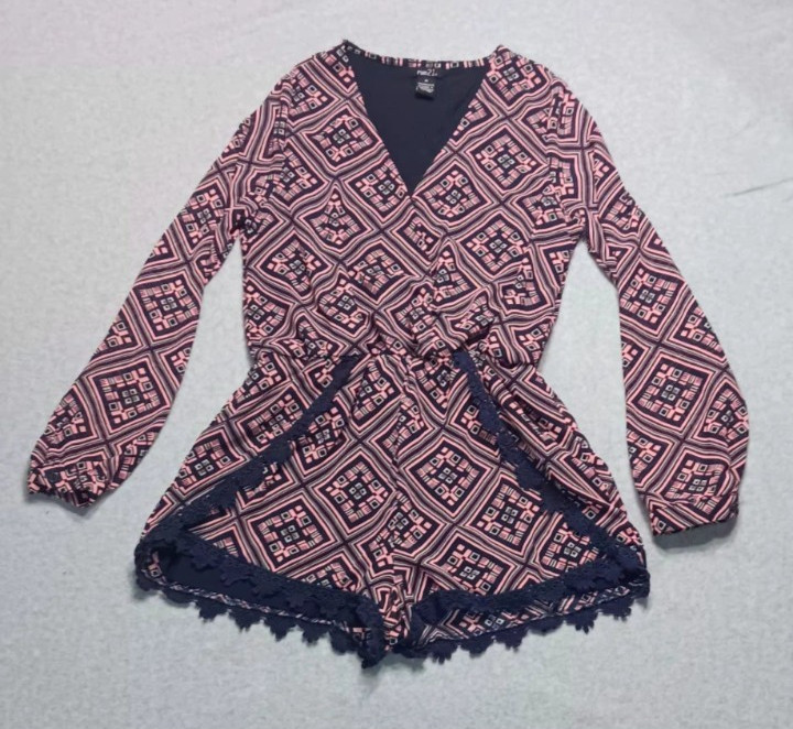 Rue 21 Long Sleeve Romper shorts womens Size M Navy Blue and pink fringe vneck