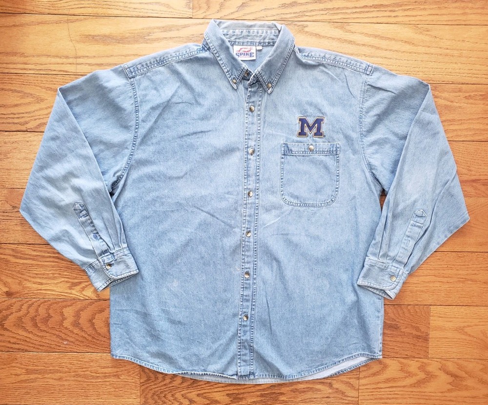 Vintage University Of Michigan Wolverines Denim Button Down Shirt 2XL Blue