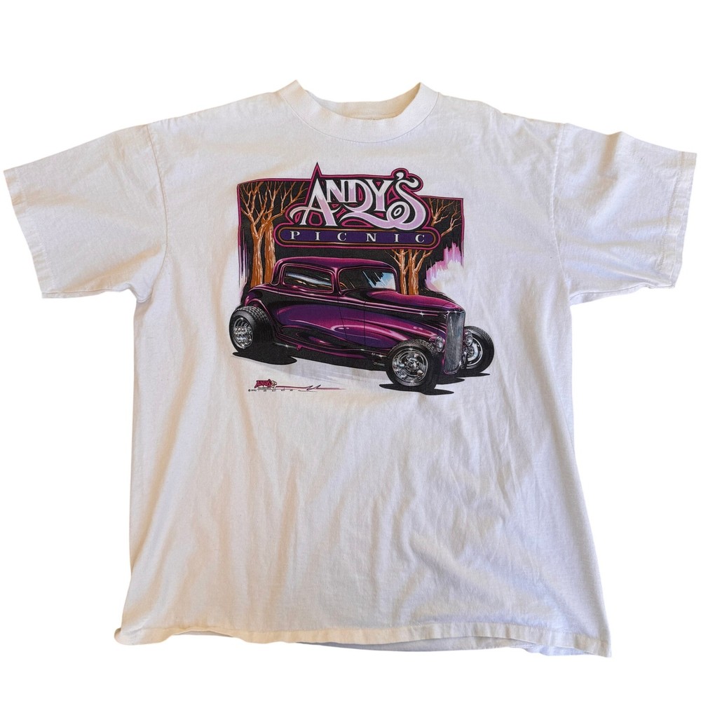 Vintage 90s Cars Hot Rod Racing Graphic T-Shirt White Oneita XL Single Stitch