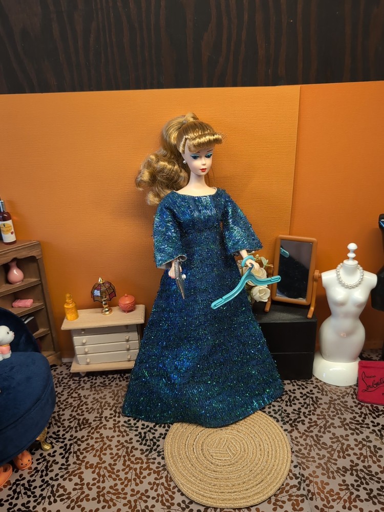 Vintage Barbie Clone Outfit Premier Togs Metallic Eyelash Dress, Shoes, Clutch +