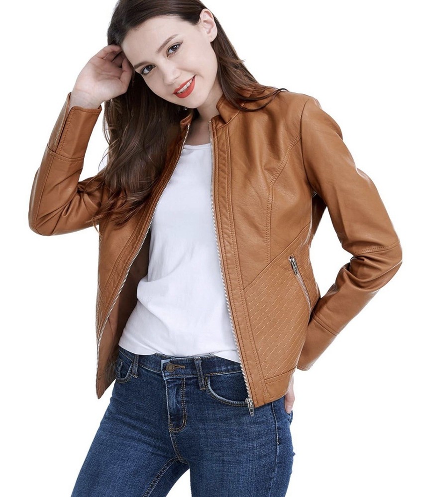 Women’s Faux Leather Long Sleeve Zipper Short Moto Biker Jacket Bomber Coat Sz L