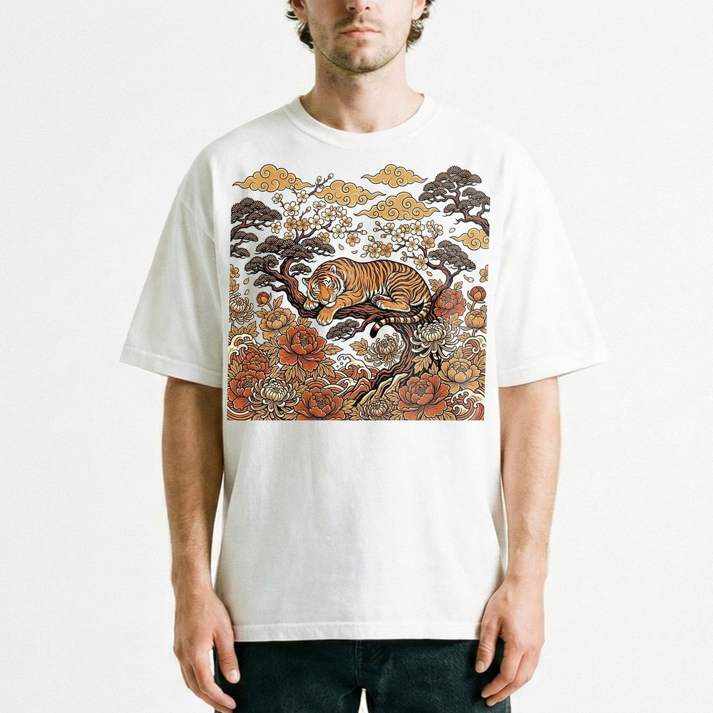 Sleeping Tiger Peonies Clouds Japanese Vintage Style t-shirt Asian Style Tee