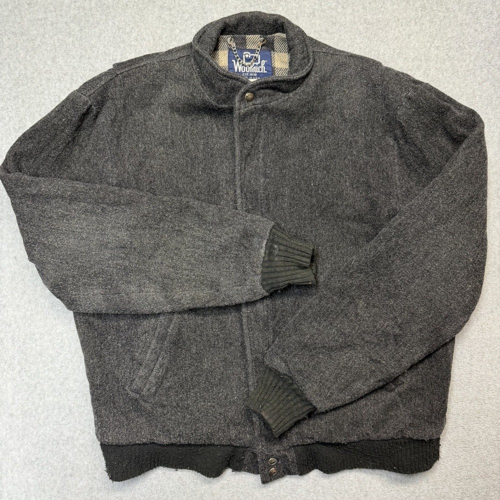 Vintage Woolrich Jacket Mens Large Long Gray Wool Bomber Full Zip Flannel Lined