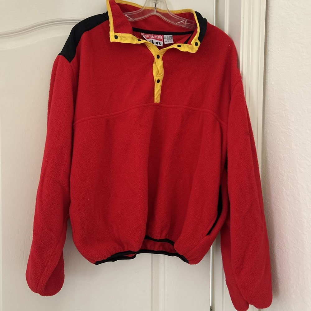 VTG 90's Marlboro Adventure Team Fleece Pullover Jacket 1/4 Snap Red Mens L