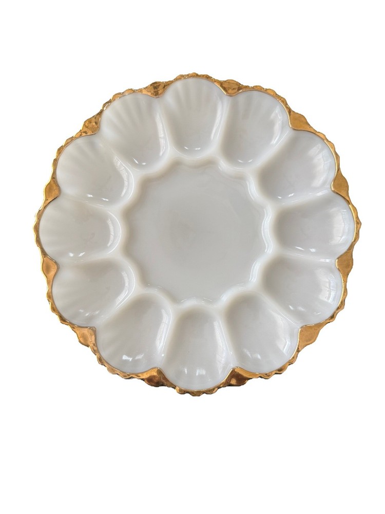 Vintage Anchor Hocking Milk Glass With Gold Trim Deviled Egg Dish