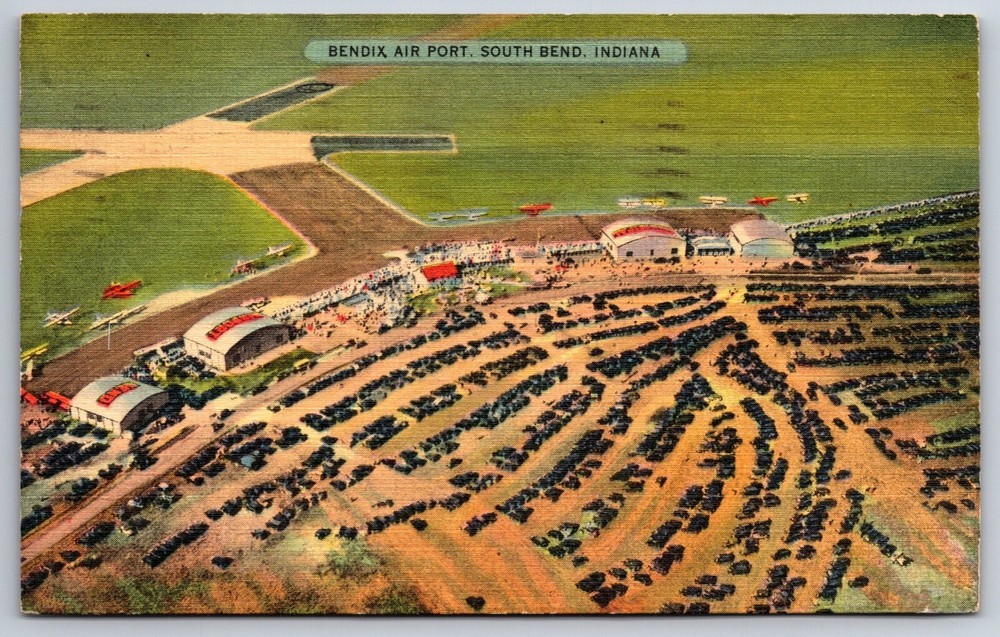 South Bend Indiana~Bendix Airport Aerial View~PM 1940~Vintage Linen Postcard
