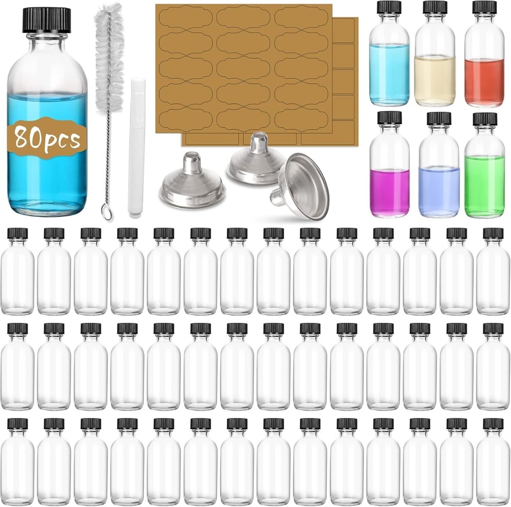 Travel-Friendly 2 oz Glass Bottles - 80 Pack with Sticky Labels and Accessories