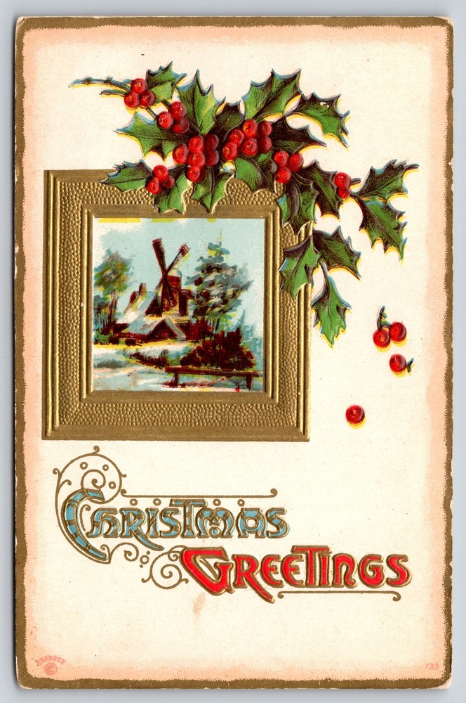 Greetings~Windmill In Frame Holly Christmas Greeting~Stecher Vintage Postcard