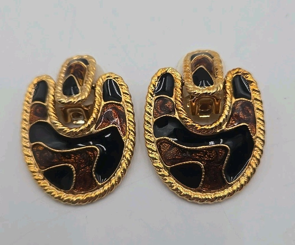 Vintage Statement Clip-On Earrings Black Enamel Gold Tone Bold Retro 80’s