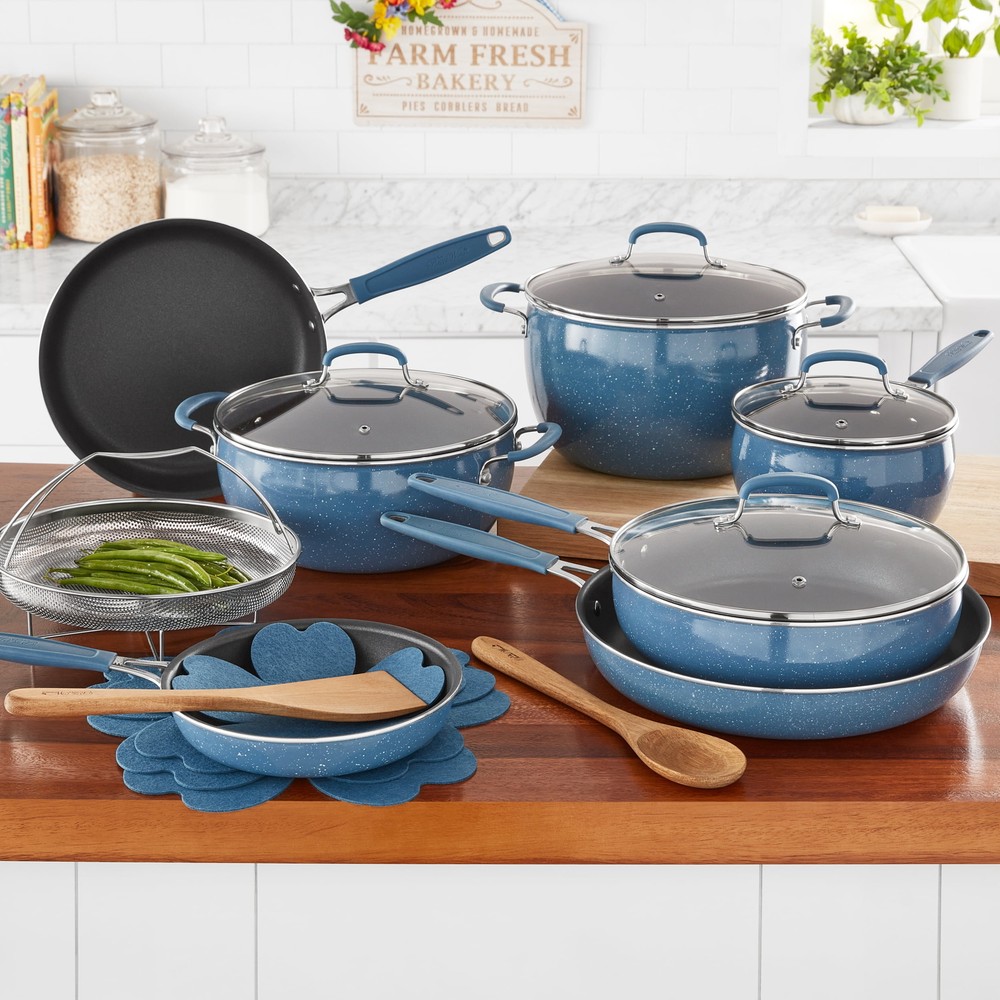 18-Piece Aluminum Cookware Set The Pioneer Woman Frontier Speckle Blue Denim