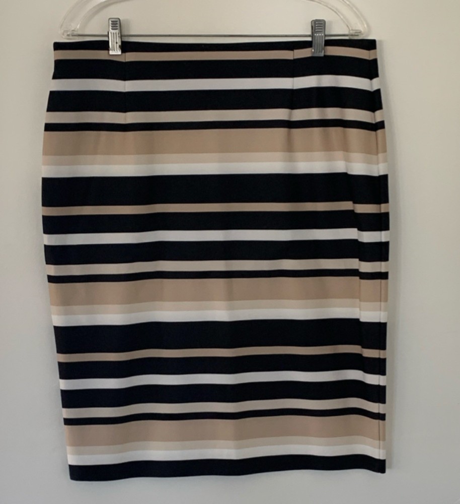 Roz & Ali Black Beige White Striped Pencil Skirt XL Polyester Spandex Stretch