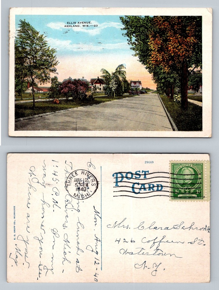 Ashland, WI-Wisconsin, Ellis Avenue Residential Street Vintage c1940 Postcard