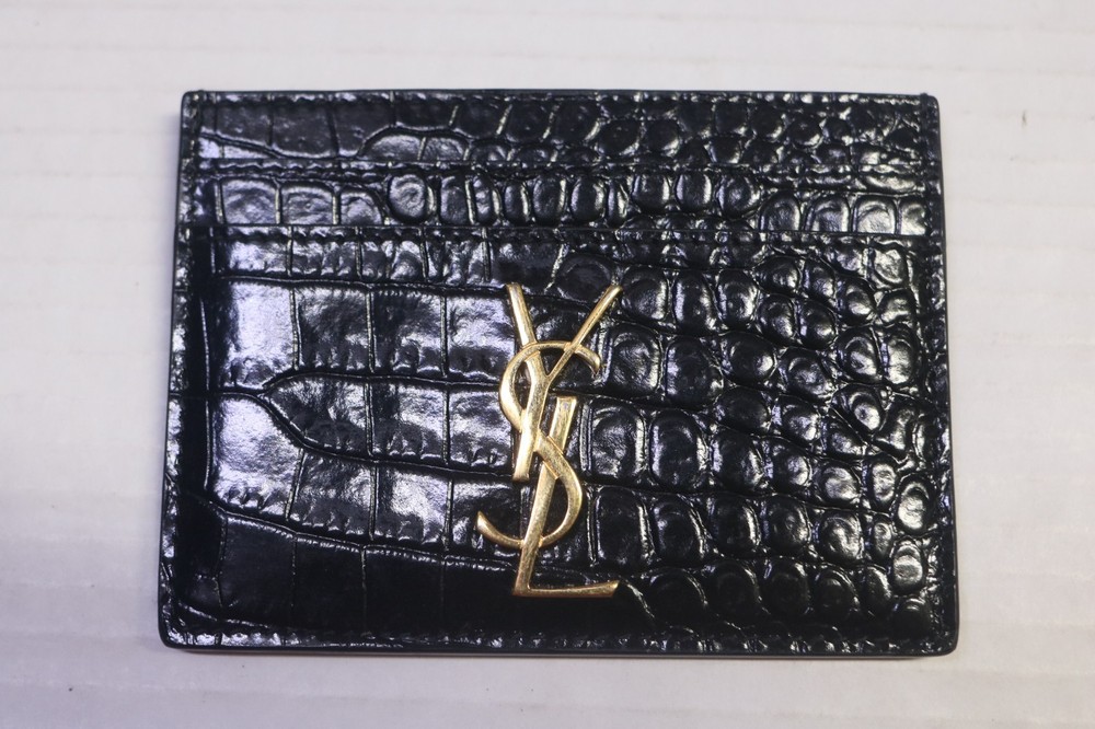 Saint Laurent Shiny Black Leather Croc Print Cassandre Card Case Wallet
