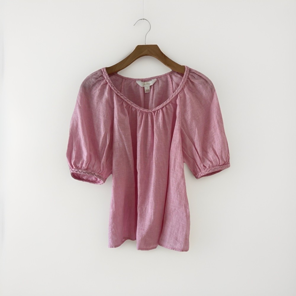 Lilly Pulitzer Pink 100% Linen Braided Trim Puff Sleeve Top Calais Womens Sz S