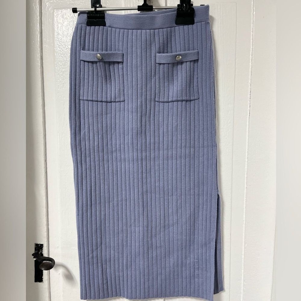 Christian Lacroix periwinkle Blue Ribbed Knit Midi Skirt with side slit size M