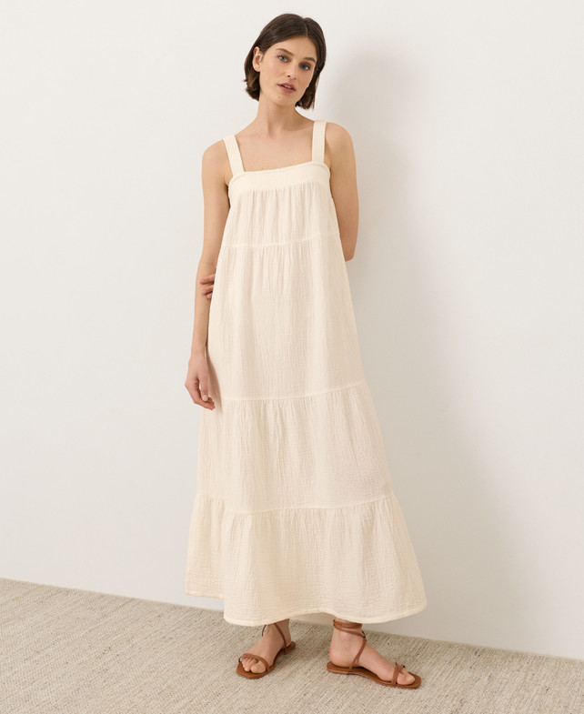 PACT Organic Coastal Double Gauze Strappy Tiered Maxi Dress - Cream