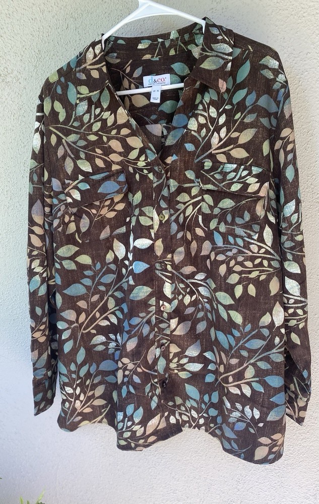 d&co. Brown Blue Leaf Print Collared Long Sleeve Blouse Women's XL