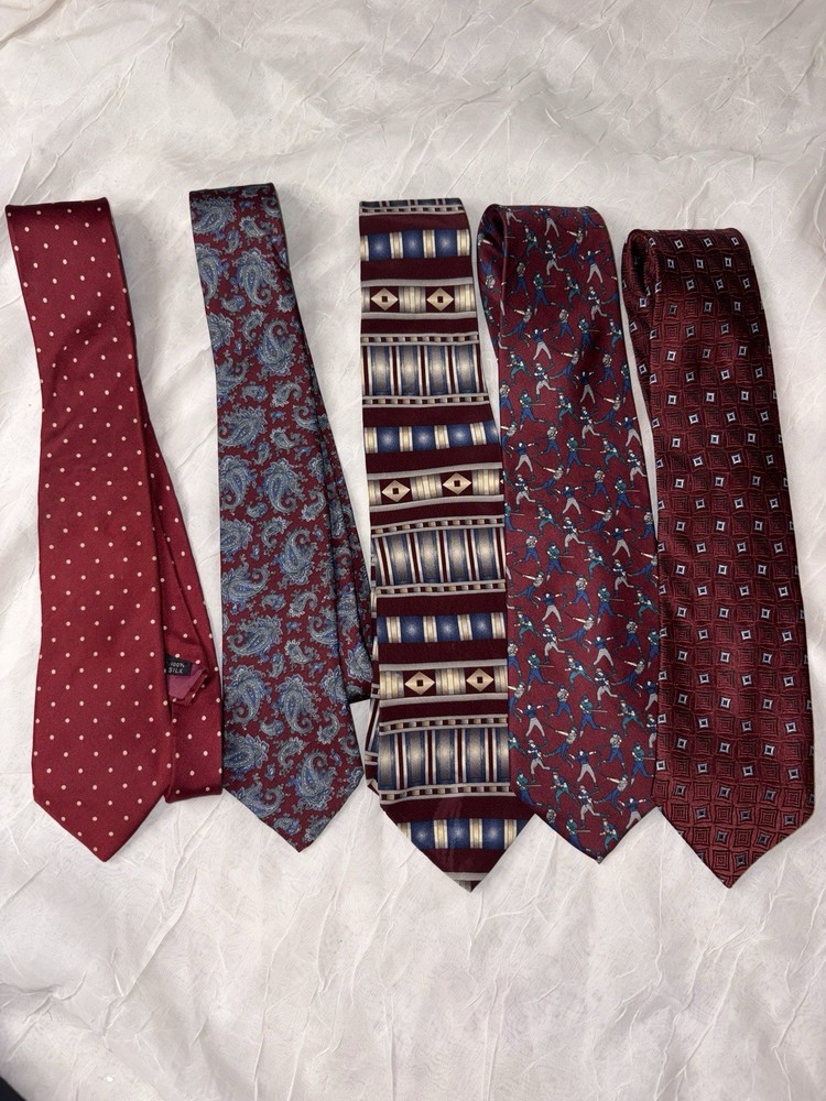 Mixed Brands Men's Burgundy Ties Lot of 5 Silk/Poly Mixed Patterns Classic