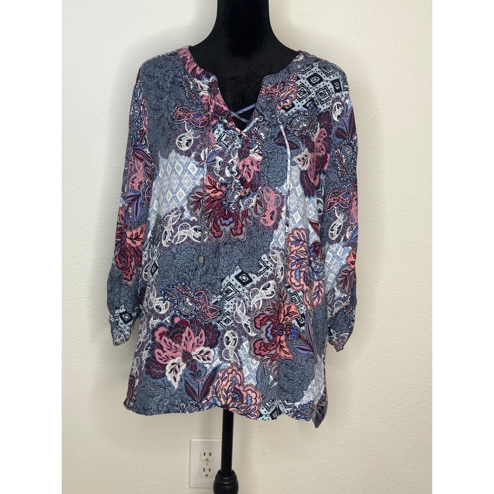 Ruby Rd Women's Floral Paisley Print 3/4 Sleeve Lace Up Blouse Top