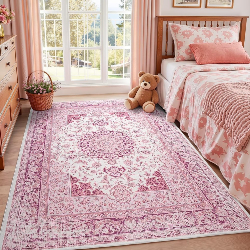 5X7 Bright Pink Area Rug for Living Room, Machine Washable Rugs with Non-Slip Ba