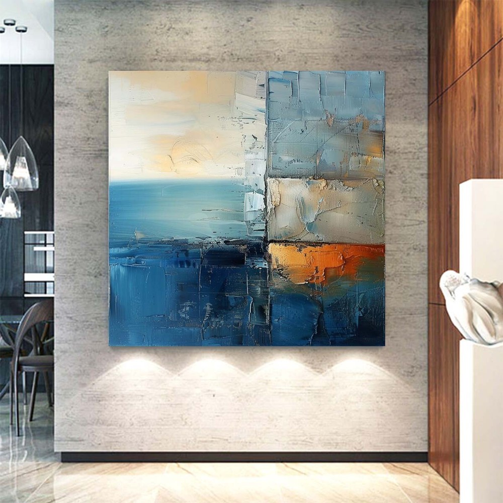 Blue Abstract Wall Art Handmade Oil Painting On Canvas Living Room Home 31in