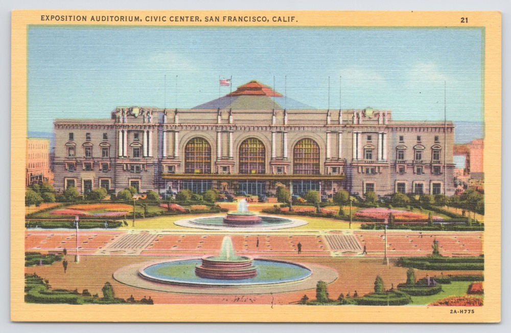 San Francisco CA~Exposition Auditorium~Civic Center~Fountains~Vintage Linen PC