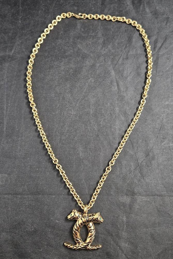 Vintage JACKIE COLLINS Double Panther Leopard Pendant Necklace Gold Plated
