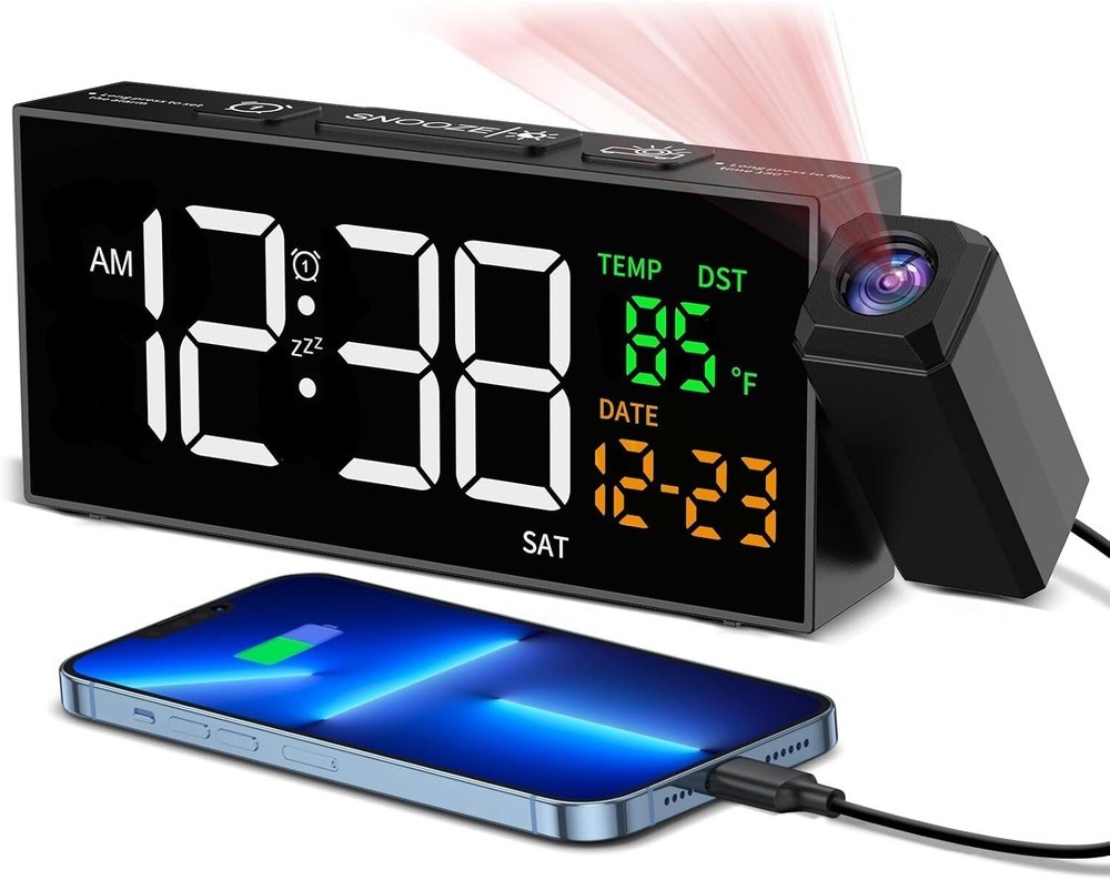 180° Rotatable Projection Alarm Clock for Bedroom Ceiling with Clear Display