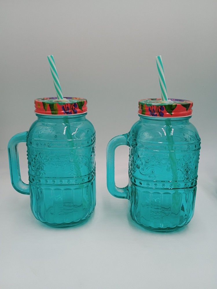 2 The Pioneer Woman Cassie Mason Jar Drinking Glass with Lid & Straw 32 Ounces