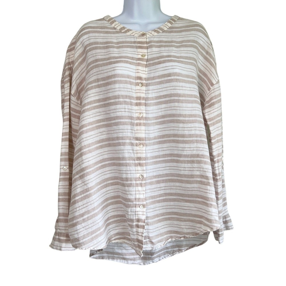 St. Tropez West Womens 100% Linen Button Up Striped Top Size M Euro Summer Beach
