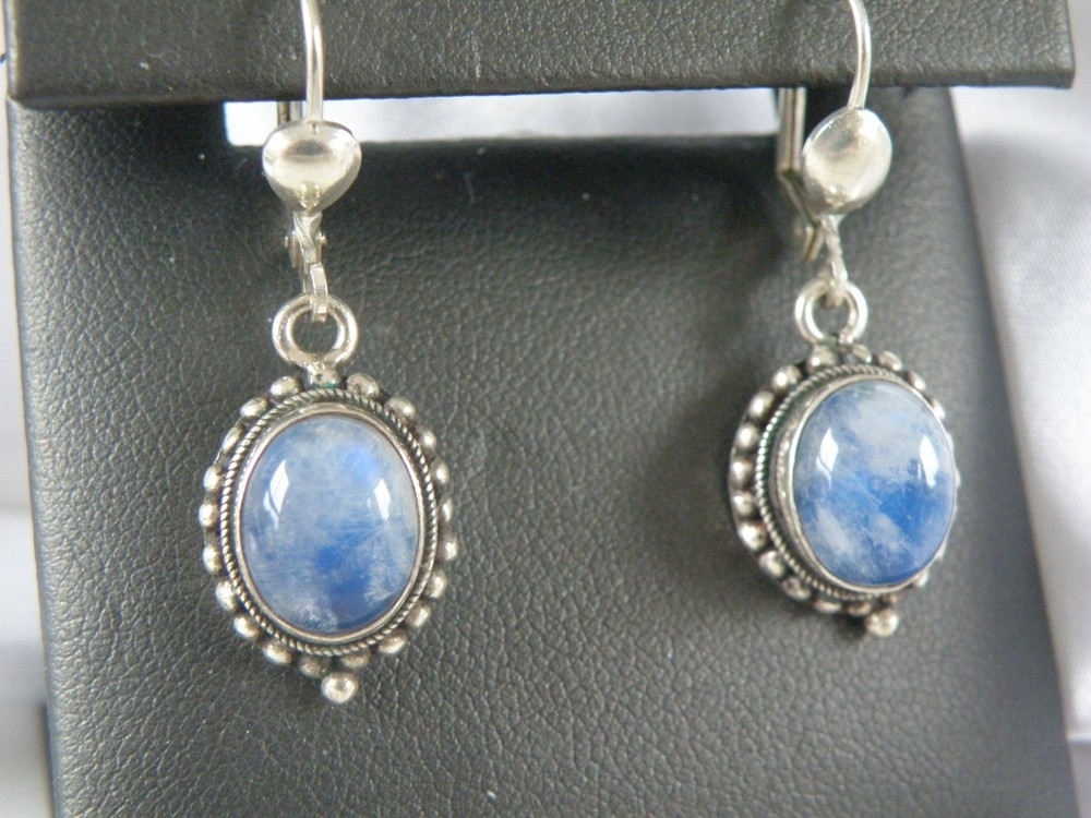 Vintage Sterling Silver 925 Natural Blue Rainbow Moonstone Dangle Drop Earrings
